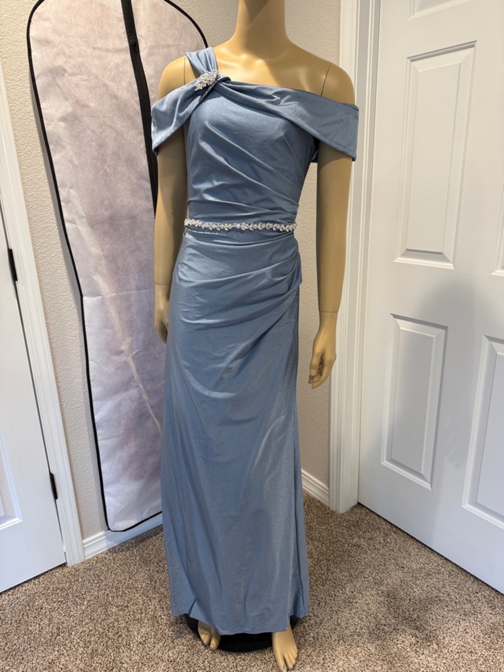 Oleg Cassini Off-Shoulder Light Blue Evening Gown Size 10 David’s Bridal